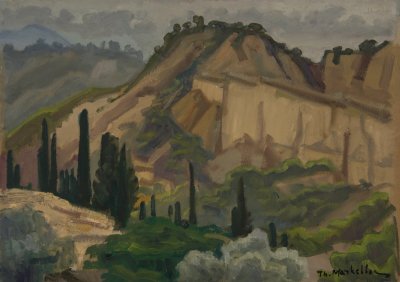 Sea with Rain — Oil painting, Fiberboard, 33.00×46.00cm — Theodoros Markellos